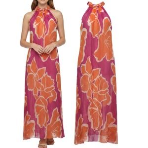Bellambra Made in Italy Halter Maxi Dress Orange Fuchsia Floral Silk Blend  M